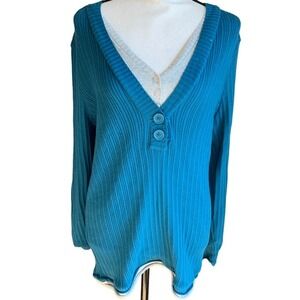 Axcess LagenLook Sweater Buttoned Collar Insert L/S Paris Blue Woman XL NWT